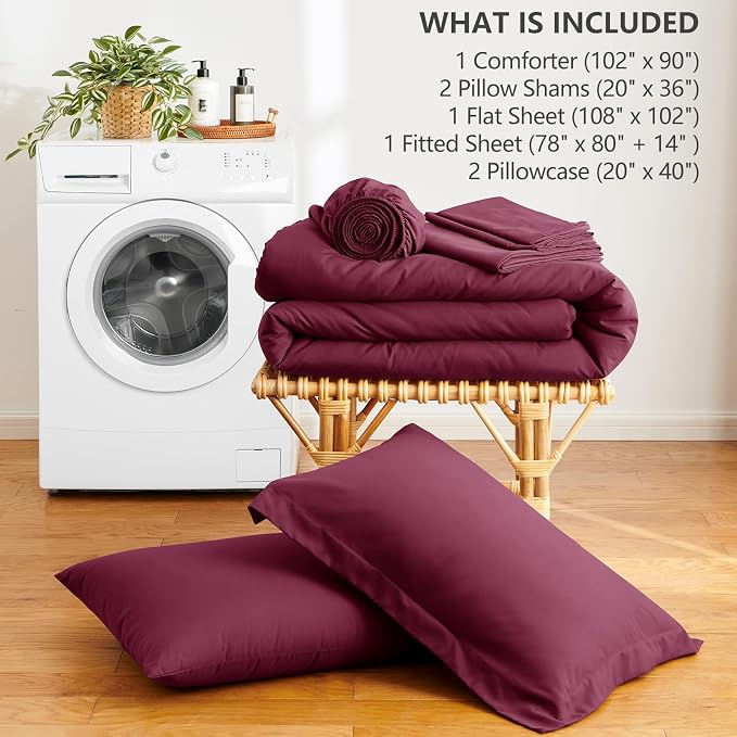 HIMEET King Comforter Set, 7-Piece Point-Quilted Bed in a Bag, Burgundy | OEKO-TEX Certified, Lightweight 240 GSM Comforter, Flat Sheet, 14-Inch Deep-Pocket Fitted Sheet, Pillowcases & Shams