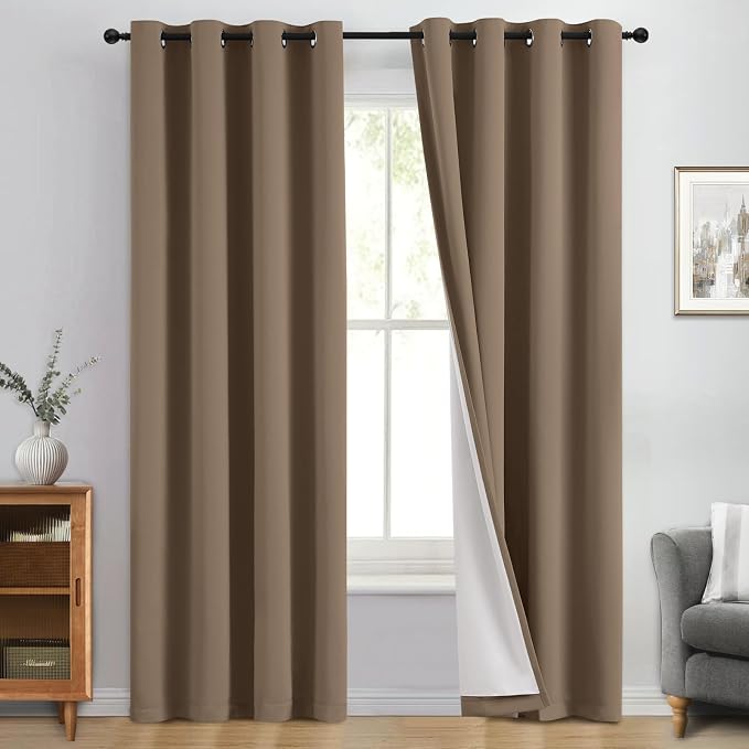 Yakamok Khaki Blackout Curtains 84 Inches Long for Bedroom 50" Wide 2 Panel | Blackout Curtain Panels for Bedroom, 2 Thick Layers Grommet Top Thermal Insulated Drapes with White Back for Living Room