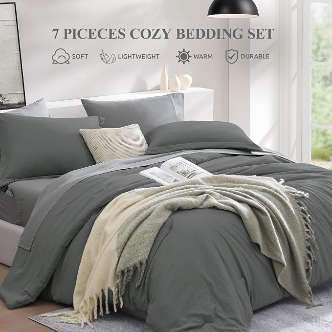 King Size Comforter Set- 7 Pieces Prewashed Bed in a Bag King Bedding Sets | Soft All Season Comforter with Sheets, Pillow Shams & Pillowcases,Grey
