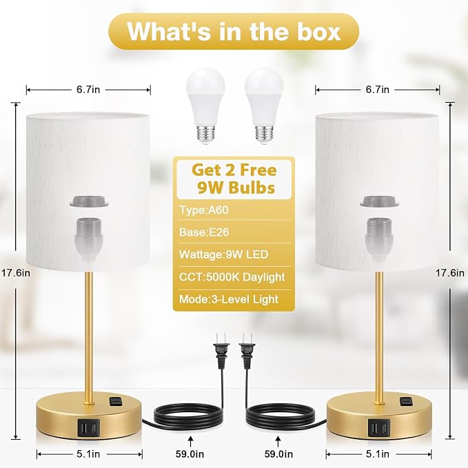 17.6" Gold Touch Lamps for Bedroom Set of 2 - Dimmable, USB C+A, AC Outlet | Large 17.6" Tall Lamp, 3-Way Dimming, 5000K Daylight Bulbs, Cream Lampshade Gold Base, for Living Room, Boys, Men, Girls