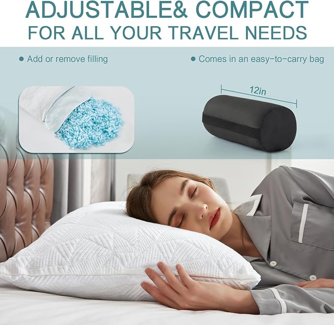 BETU Cooling Small Pillow for Travel & Camping, Adjustable Soft Support Pillow for Backpacking, Hiking Gear, Airplane, Breathable Shredded Memory Foam Pillows for Sleeping with Washable Cover