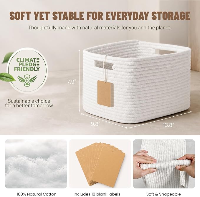 5 Pack Woven Storage Baskets, Decorative Storage Bins for Organizing | 13.8'' × 9.8'' × 7.9'', Soft Cotton Rope Basket Organizer for Closet, Shelves, bathroom, Nursery, Toys, Books, Pantry, White