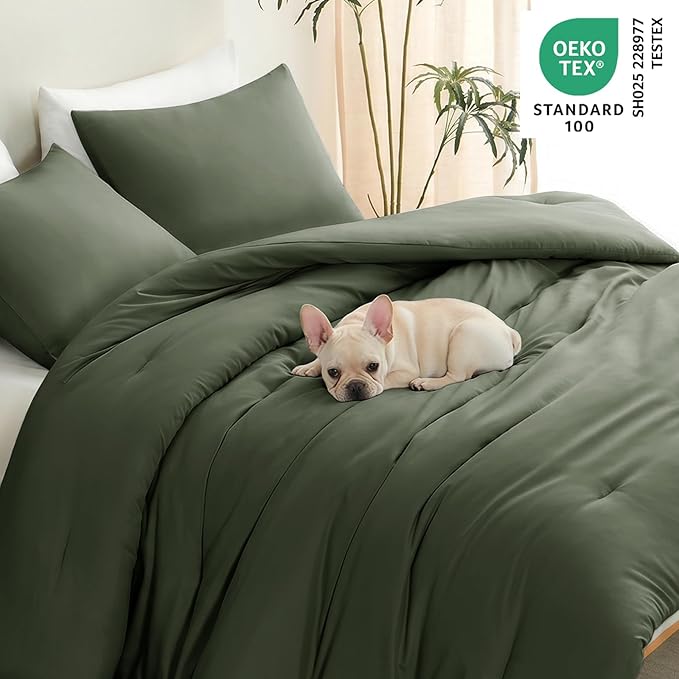 Queen Comforter Set, 3 Pieces Down Alternative Bedding, Dark Green | 270 GSM All Season Comforter with 4 Corner Ties for Use as a Duvet Insert, OEKO-TEX Certified, 2 Pillowcases, 88 x 88 in