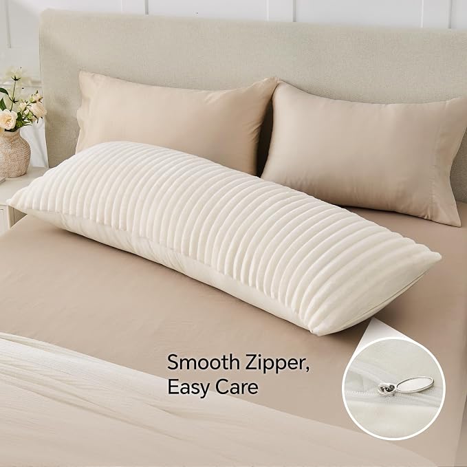 BEDELITE Fluffy Striped Body Pillow Cover with Zipper, Cream White, 20x54 | Ultra-soft Faux Fur with 13D Striped Texture, Comfy, Plush, and Cloud-like, Body Pillow Pillowcase for Bed Couch Room Decor