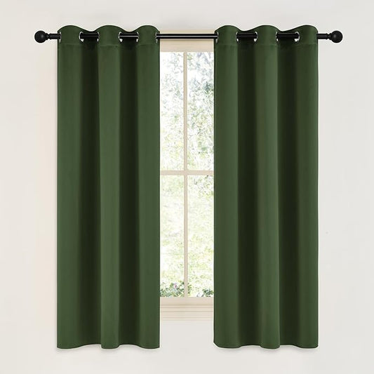 NICETOWN Dark Green Blackout Curtains for Cafe 42" Wide x 63" Long 2 Panels | Satin Curtains for Small Windows Grommet Noise Reducing Faux Silk Drapes for Bedroom Kitchen Dining Room Light Blocking Decor