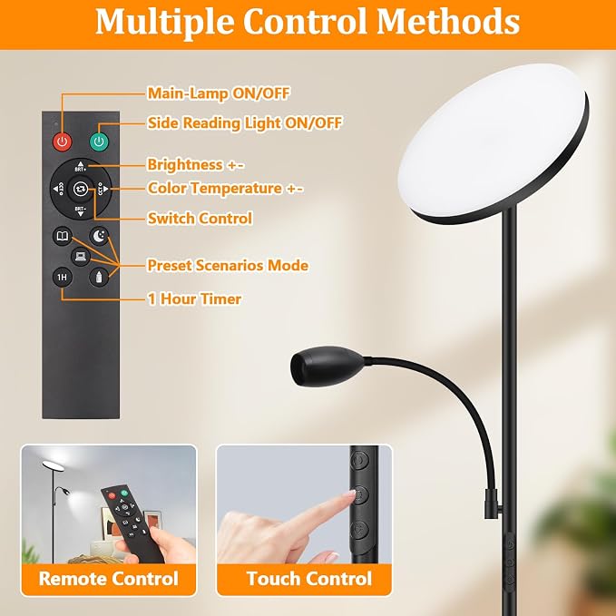 Reading Floor Lamp, 72" Tall LED Lamp with Flexible Gooseneck, Dimmable Zoomable Spotlight, Adjustable Color Beam Torchiere Lamp, Touch & Remote Control, Task Craft Bedroom Living Room, Matte Black | Adjustable Color Beam Standing Lamp, 10W, Touch & Re...