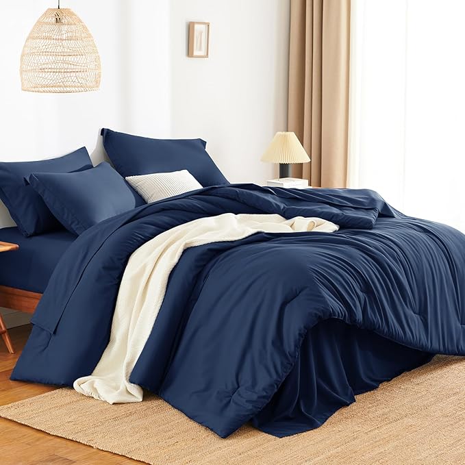 HIMEET Oversized Queen Comforter Sets, 7-Piece Point-Quilted, Navy Blue | OEKO-TEX Certified, Lightweight 240 GSM Comforter, Flat Sheet, 14-Inch Deep-Pocket Fitted Sheet, Pillowcases & Shams