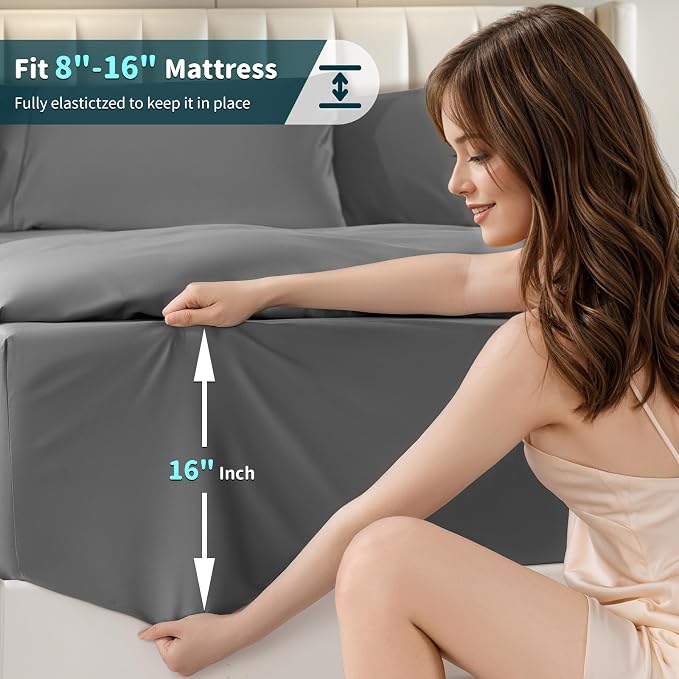 LBRO2M 100% Egyptian Cotton Sheets 1200 TC, Deep Pocket 16", 4Pcs, Full | Long Staple Cotton Bed Sheets, Extra Soft and Breathable Sheets, Cozy for All Seasons, Dark Gray