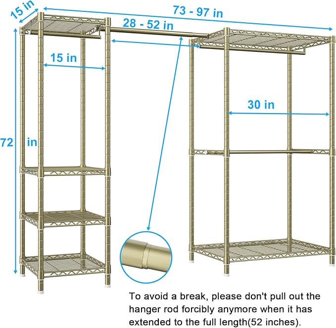 E10 Clothes Rack（With Stretchable Hanger Rod）Freestanding Clothing Racks for Hanging Clothes，Adjustable Closet Organizer System，Portable Garment Rack 73-97"W x 15" D x 72" H，Max Load 800LBS，Gold