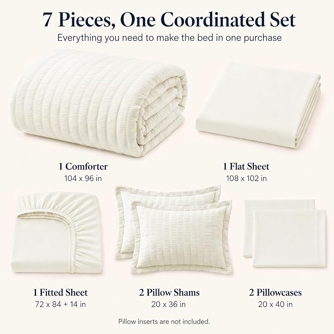 California King Comforter Set 7-Piece Ivory Seersucker Bed in a Bag | OEKO-TEX Certified, Cal King Bedding Sets with 240 GSM Down Alternative Comforter, Flat & Fitted Sheets, Pillowcases & Shams