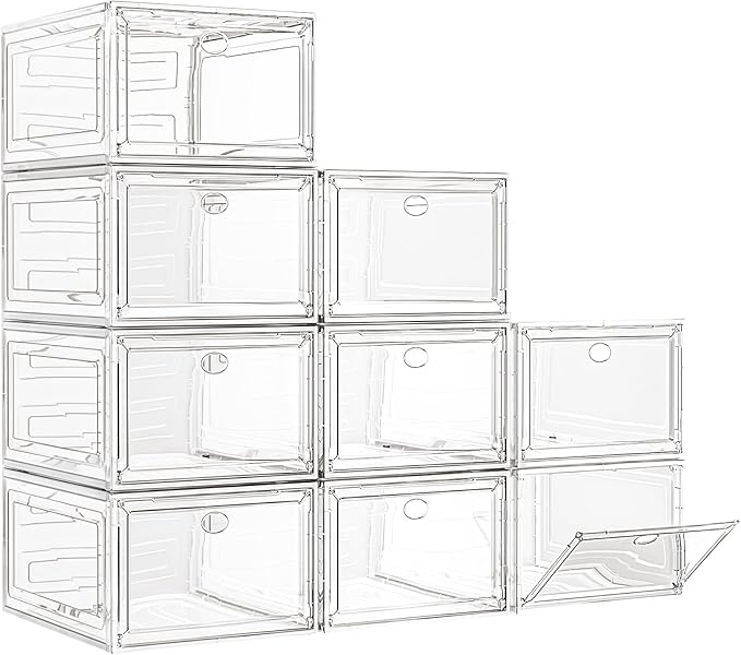 Large Thick Clear Shoe Organizer, Magnetic Door Stackable Shoe Storage Box | Foldable Shoe Storage Boxes for Sneakers & Boots, Space-Saving Closet Shoe Cabinet with Clear Magnetic Door, 9 Pack White