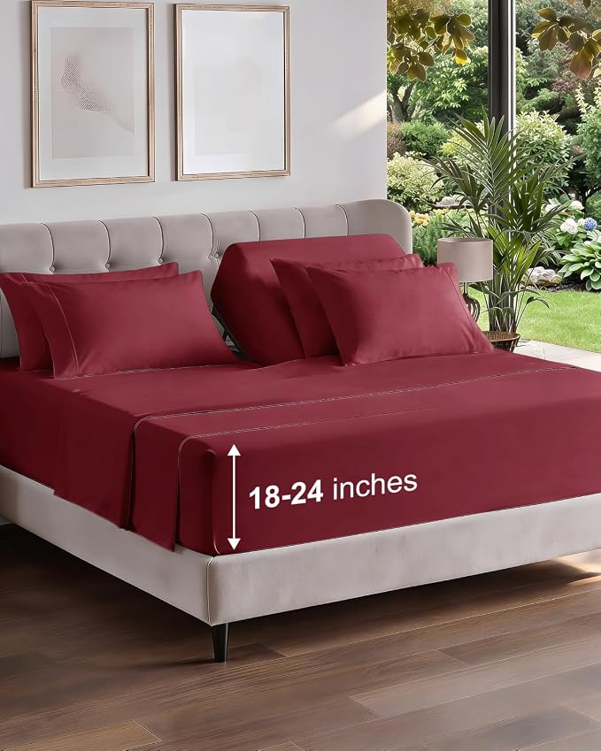 Extra Deep Flex Top Split Head King Sheet Set - 6 Piece Breathable and Cooling Sheets - Hotel Luxury Bedding for Women, Men, Kids & Teens - Easy Secure Fit - Extra Deep Pockets - Burgundy