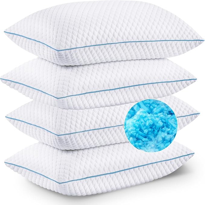 Cooling Shredded Memory Foam Bed Pillows, King Size, Set of 4, 20 x 36 in | Adjustable Firm, Supportive, Breathable, Hypoallergenic, Odorless, Luxury, Cool Gel pillows for Side Back Stomach Sleepers