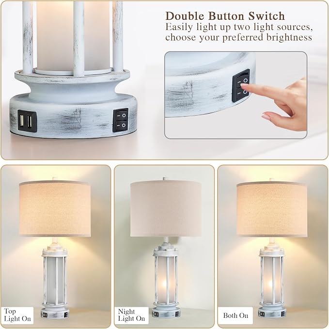 AIEAMPDO 25" Set of 2 Antique White Rustic Table Lamps 2 USB C+A Ports | Vintage Farmhouse Design With Glass Night Light. Nightstand Lamps For Living Room, Bedroom And Dorms, 4 Bulbs Included