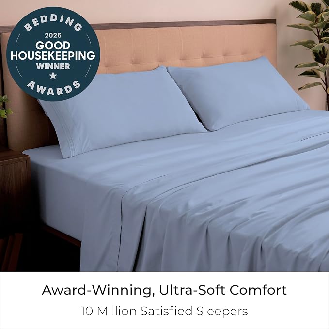 Mellanni Iconic 4-Piece, Ultra Soft Sheet Set (King, Sky Blue) | 10M+ Sleepers. Lab-tested: Sleeps Cool, Stays Bright, Strong, Smooth. Good Housekeeping Best Bedding, 7 yrs running.
