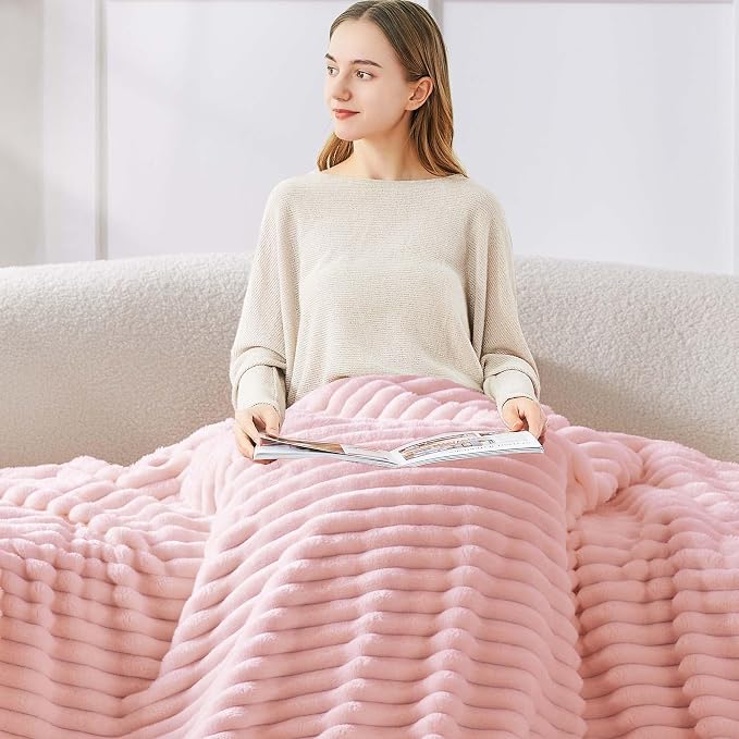 BEDELITE King Size Blanket for Bed, 300GSM Soft & Warm Fleece Blanket, Decorative and Giftable Striped Pink Blankets for Women, Men, 108"x90"