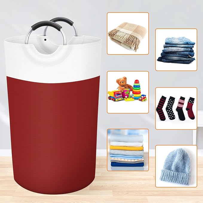 BlissTotes 90L Laundry Basket, Freestanding Collapsible Hamper, Red | Collapsible Dirty Clothes Hamper, Foldable Laundry Bag for Dorm, Waterproof Fabric, Padded Aluminum Handles