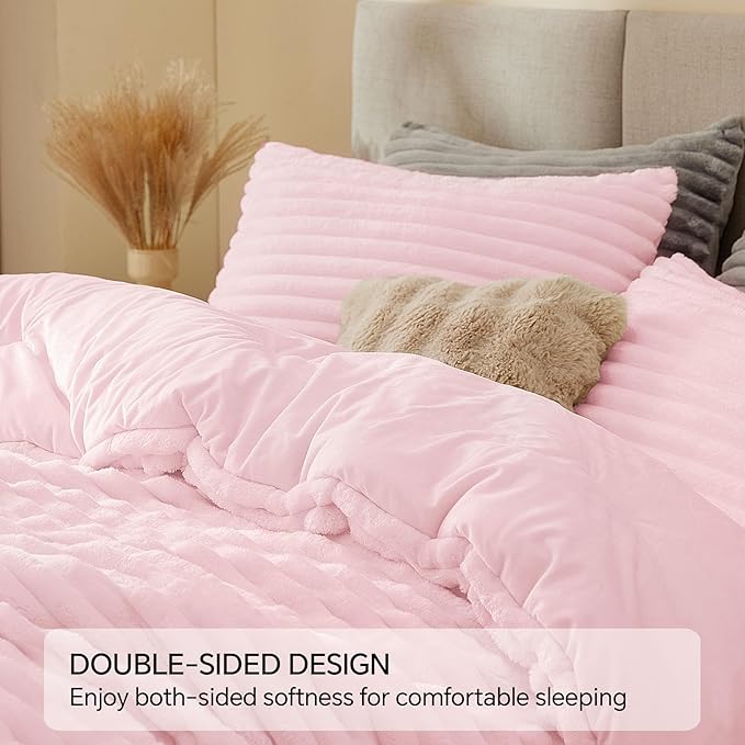 BEDELITE Fleece Twin/Twin XL Comforter Set, Fluffy Bed Set, Cherry Blossom | Super Soft & Warm Bedding, Luxury Fuzzy Faux Fur Comforter for Winter, Heavy Plush Bedding, with 1 Pillowcase