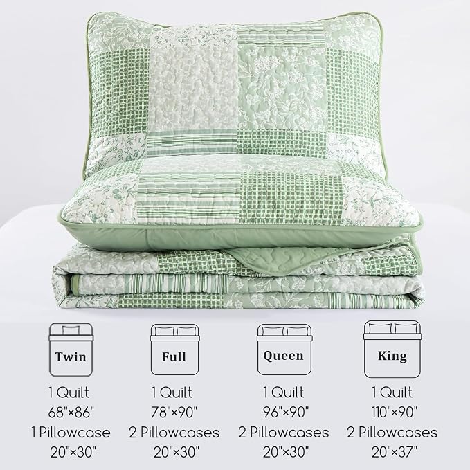 Mybedsoul Boho Quilt Twin Size, Floral Bedspread Dorm Bedding, Light Green | Soft Lightweight Patchwork Quilt, 2 Pieces Plaid Coverlet Set for All Seasons, Reversible Bedding Set Twin 68"×86"