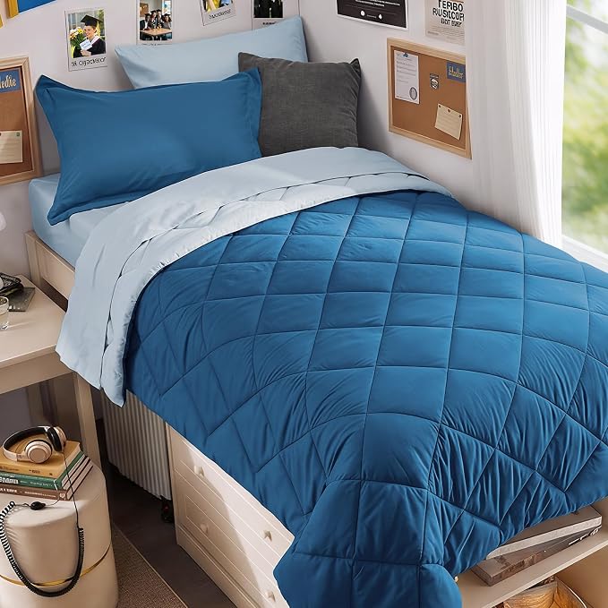 5 Pieces Twin XL Comforter Set, Reversible Bed in a Bag Twin XL Size, All Season Bedding Set with Comforter, Flat Sheet, Fitted Sheet, Pillowcases & Shams, Teal & Lake Blue