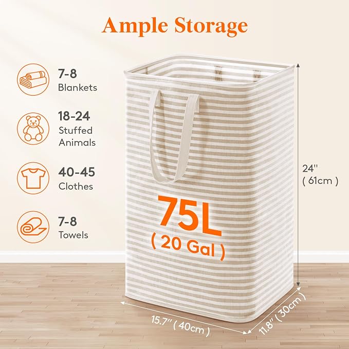 Lifewit 75L Large Collapsible Laundry Basket with Extended Handles, Beige | Foldable Laundry Hamper, Tall Dirty Clothes Basket, Waterproof, Freestanding Design for Bedroom, Bathroom, College Dorm