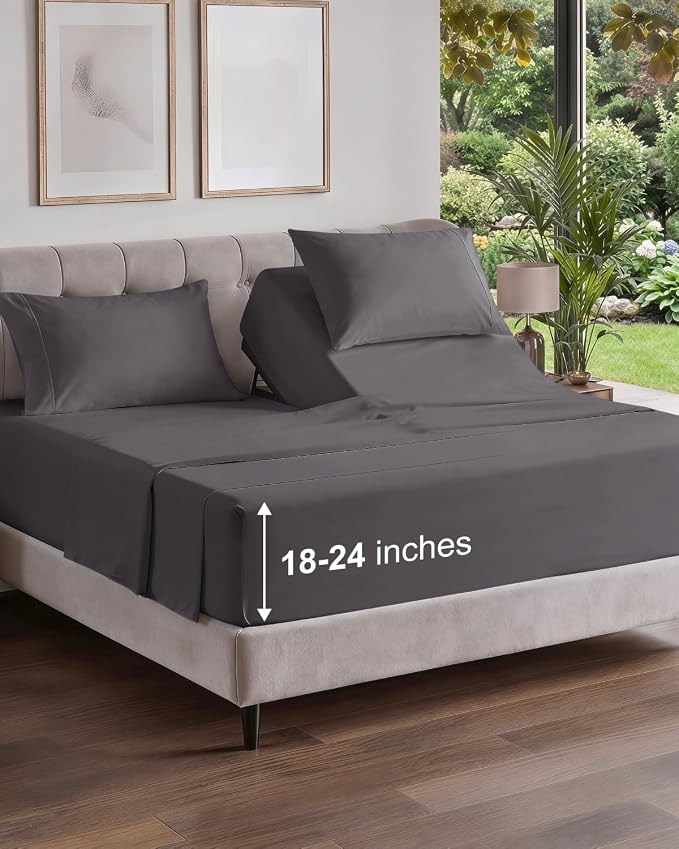 Flex Top Split Head King Sheet Set - 4 Piece Extra Deep Sheets - Dark Grey | Easily Fits 18 to 24 inch Mattress, Ultra Soft, Wrinkle & Fade Free with Extra Deep Pockets, Comfy Hotel Luxury Bedding