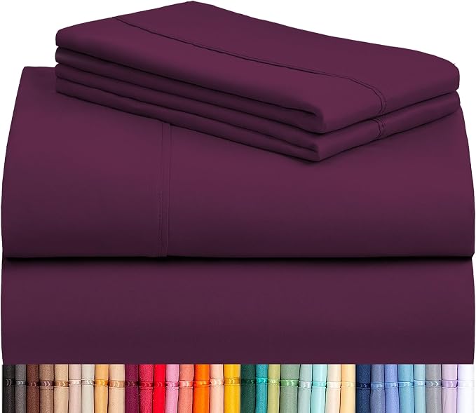 LuxClub 4 PC Queen Sheet Set, Deep Pockets Wrinkle Free Cooling Bed Sheets Hotel Bedding for Women, Men, Includes 1 Fitted Sheet, 1 Flat Sheet and 2 Pillowcases-Soft Eggplant