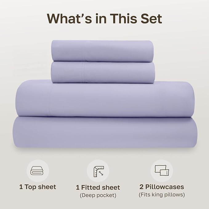 California Design Den Organic Cotton Percale Sheets King Size, 4 Pc Set | GOTS Certified, Lightweight Crisp & Airy Percale For Hot Sleepers, 15" Deep Pocket, Durable, Easy Care - Lavender Mist
