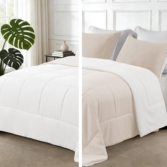Exclusivo Mezcla Reversible Soft Twin Comforter Set, 2 Pieces | Brich Beige/ White Lightweight Microfiber Down Alternative Comforters, All-Season Bedding with 1 Pillow Sham