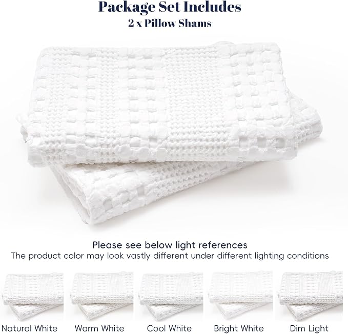 PHF 100% Cotton Ruffle Waffle Weave Euro Sham Covers, 2 Pack 26" x 26" Bed Pillow Covers for Elegant Home Decor, No Filling, Luxury Aesthetic Euro Pillow Cases for Bed, White