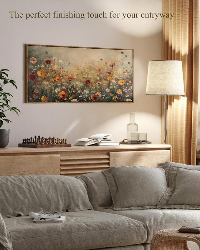 InSimSea Extra Large Framed Vintage Wall Art, Flower Wildflower, 20x40inch | Living Room Country Farmhouse Decor, Spring Landscape Canvas Prints, Retro Long Pictures for Bedroom Above of Bed