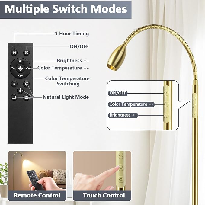 Reading Floor Lamp, 72" LED Dimmable Lamp with Gooseneck,Zoomable Spotlight | Adjustable Color Beam Standing Lamp, Touch & Remote Control, Task Craft, Sewing, Bedroom Living Room, Office, Light Gold