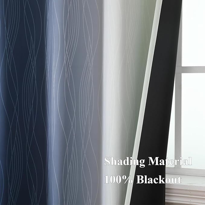 Sage Green and Navy Blue Ombre Blackout Curtains for Living Room 90 Inch | Estelar Textiler Thermal Insulated Drapes for Bedroom,Full Room Darkening Gradient Grommet Window Drapes,52Wx90L,2 Panels