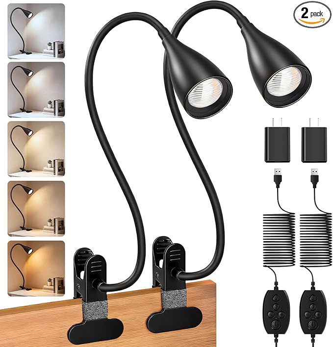 2 PCS Reading Light for Book in Bed,Clip on Light Reading Lamp with Adapter | 5 Color Modes 10 Brightness, Eye-Caring Clip on Desk Lamp Book Light for Reading in Bed Headboard Bedside Bedroom (Black)