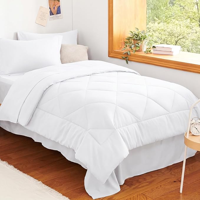 Twin XL Comforter Set with Sheets White - 5 Pieces Bed in a Bag | College Dorm Essentials, OEKO-TEX Certified, All Season, 240GSM Down-Alternative Comforter, Sheets, Pillowcase & Sham
