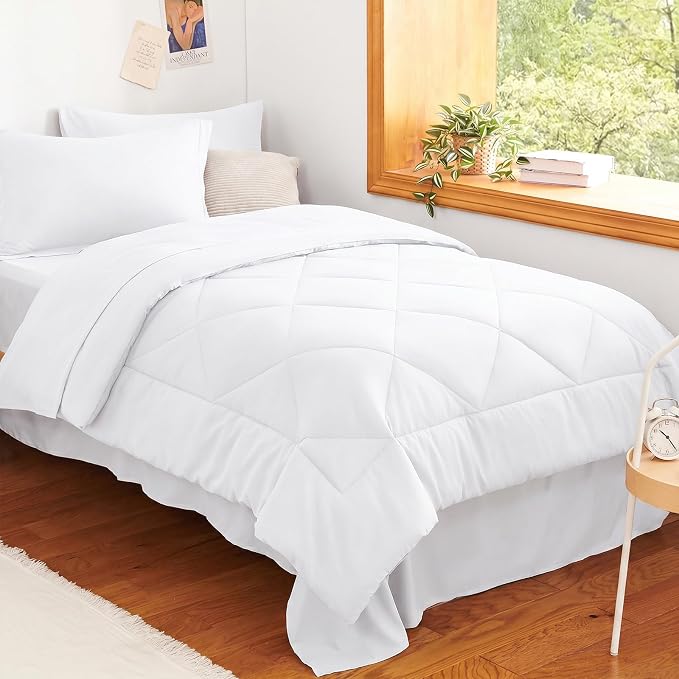 Twin Comforter Set with Sheets White - 5 Pieces Bed in a Bag | OEKO-TEX Certified, All Season, Teen, Single, Dorm, 240GSM Down-Alternative Comforter, Sheets, Pillowcase & Sham, Easy Care