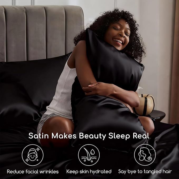 MR&HM Satin Sheets Queen Size with Elastic Corner Straps, Black | Similar to Silk, 4-Piece Silky Soft Bed Sheet Set, Gentle on Skin and Hair, 15" Deep Pocket, Cooling & Breathable