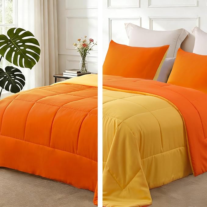 Exclusivo Mezcla Reversible Soft Queen Comforter Set, 3 Pieces | Orange/ Yellow Lightweight Microfiber Down Alternative Comforters, All-Season Bedding with 2 Pillow Shams