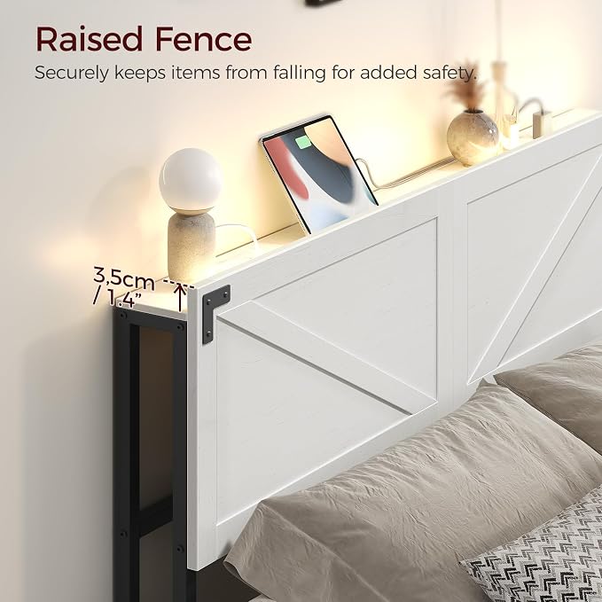 MAHANCRIS Queen Headboard with Charging Station, LED Light and Storage | Farmhouse Wooden Bed Head with Bed Frame Adapter LED Adjustable Brightness and Color Modes Easy Assembly White