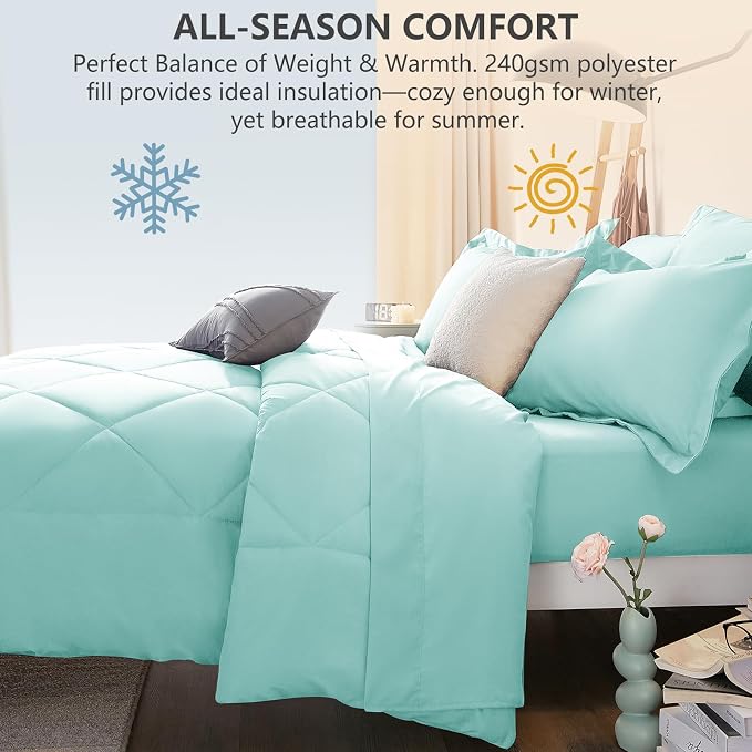 Oversized King Size Comforter Set Spa Blue - 7 Pieces Bed in a Bag | OEKO-TEX Certified, All Season, 240GSM Down-Alternative Comforter, Sheets, Pillowcases & Shams, 14" Deep Pocket, Easy Care