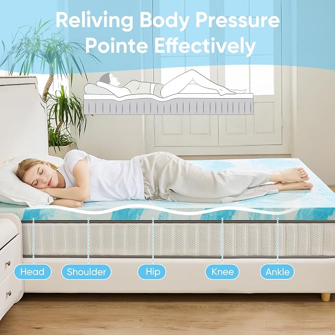 OLIXIS 3 Inch Queen Cooling Gel Infused Memory Foam Mattress Topper Bed Pad | CertiPUR-US Certified, Soft Ventilated Pressure Relieving Bed Pad in a Box, Plush Overlay for Dorm, RV, Camper & Sleeper Sofa