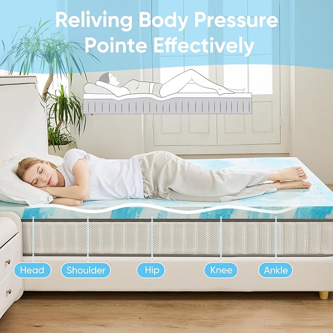 NEWBULIG 2 Inch King Cooling Gel Memory Foam Mattress Topper | Gel memory foam relieves pressure, ventilated design keeps cool. Fits King size, CertiPUR-US certified, comes in a box.