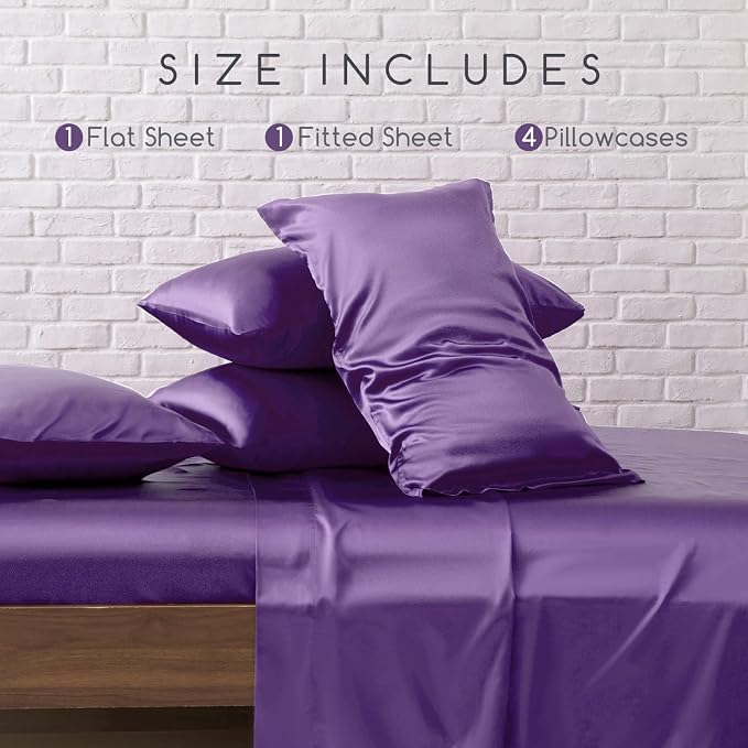 MR&HM Satin Sheets Queen Size with Elastic Corner Straps, Lavender | Similar to Silk, 6-Piece Silky Soft Bed Sheet Set, Gentle on Skin and Hair, 15" Deep Pocket, Cooling & Breathable