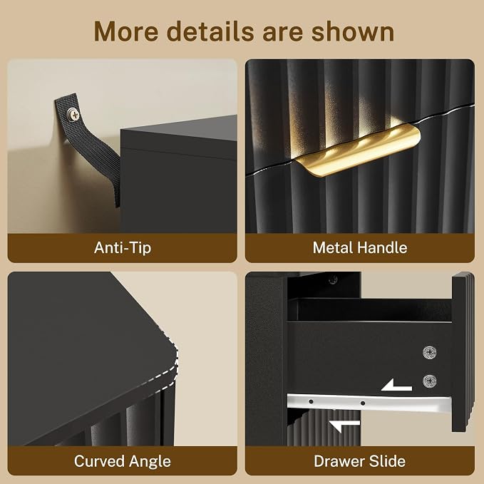 Fluted Nightstands Set of 2, Night Stand with Charging Station and LED Light, Nightstand with Storage Drawer and Open Shelf, Bedside Table for Small Space, Bedroom, Black