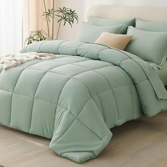 Full Size Comforter Sets, 7-Piece Bed in a Bag, Sage Green | OEKO-TEX Certified, Box-Stitched Design, 240 GSM Down Alternative Fill, All-Season Comfort, Sheets, Pillowcases & Shams