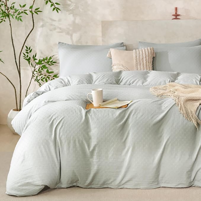 Queen Size Comforter Set Polka Dot Luxury Washed Microfiber Jacquard 3 Pieces Bedding, Sage Green Polka Dot Vertical Ticking Stripes Pattern Comforter with 2 Pillowcases Soft Breathable Durable Comfy