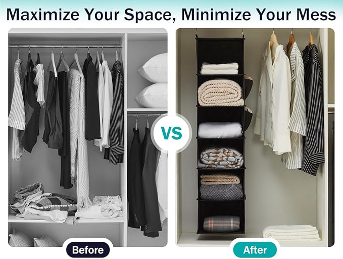 YOUDENOVA Hanging Closet Organizer and Storage, 6-Shelf, 2 Packs, Black | Breathable Fabric, 2 Side Pockets, Clothes Organizer, Hanging Shelves, Closet Storage, College Dorm Room Essentials for Guys