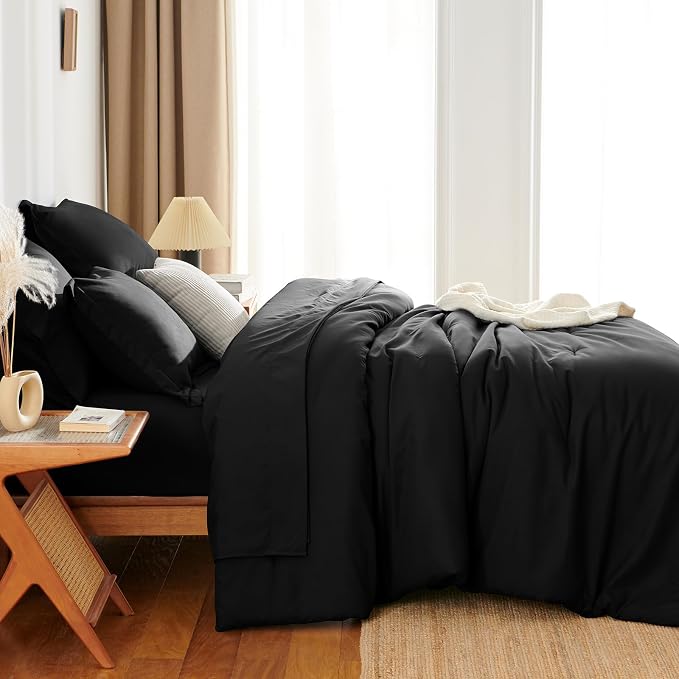 HIMEET California King Comforter Set, 7-Piece Point-Quilted, Black | OEKO-TEX Certified, Lightweight 240 GSM Comforter, Flat Sheet, 14-Inch Deep-Pocket Fitted Sheet, Pillowcases & Shams