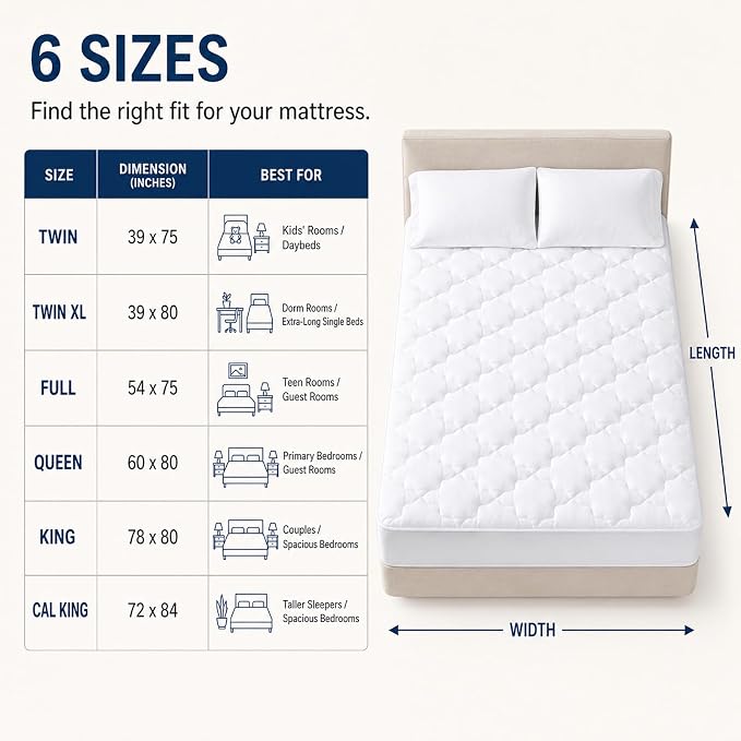 CozyLux Twin XL Mattress Pad, 450 GSM Fill, Cotton Top, 8-21 Inch Pocket | OEKO-TEX Certified, White Twin XL 39 x 80 Inches, Quilted Cushioning for College Dorms and Extra-Long Single Beds