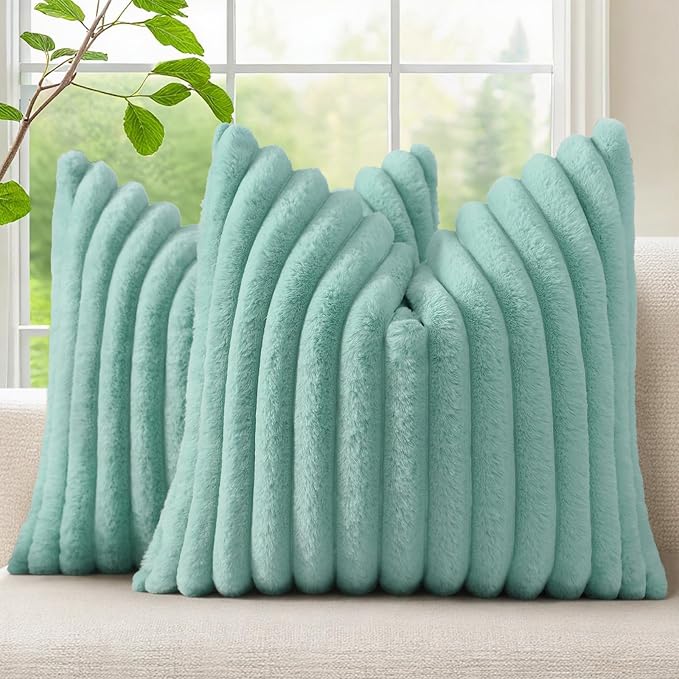 decorUhome Fall Faux Fur Throw Pillow Covers 22x22 Set of 2 Aqua | Decorative Soft Cozy Striped Plush Modern Farmhouse Boho Couch Pillow Cases Velvet Back for Sofa Bed Living Room Home Decor